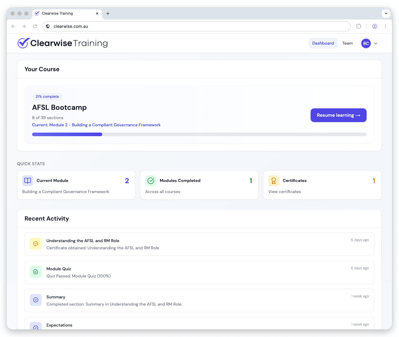 Clearwise course dashboard showing module progress